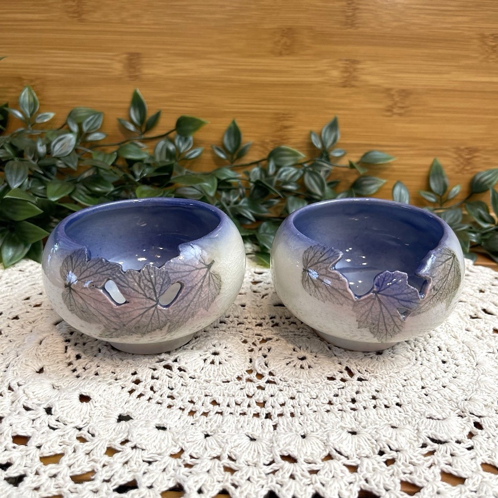 Vintage Studio Art Pottery Leaf Cutouts Crackle Tea Light Candle Holder Signed